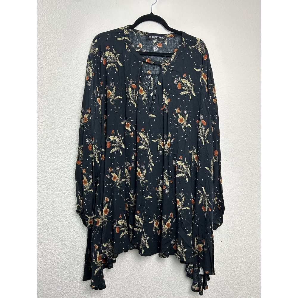 By Together Collection Top Womens Sz L Black Floral Boho Tunic Flowy Long Sleeve